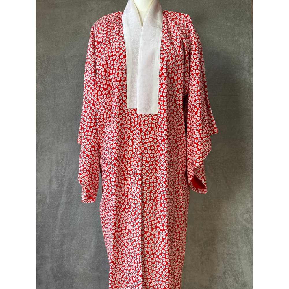 Vintage Japanese Silk Kimono Robe Red Floral Komon Full Length Boho Cottagecore